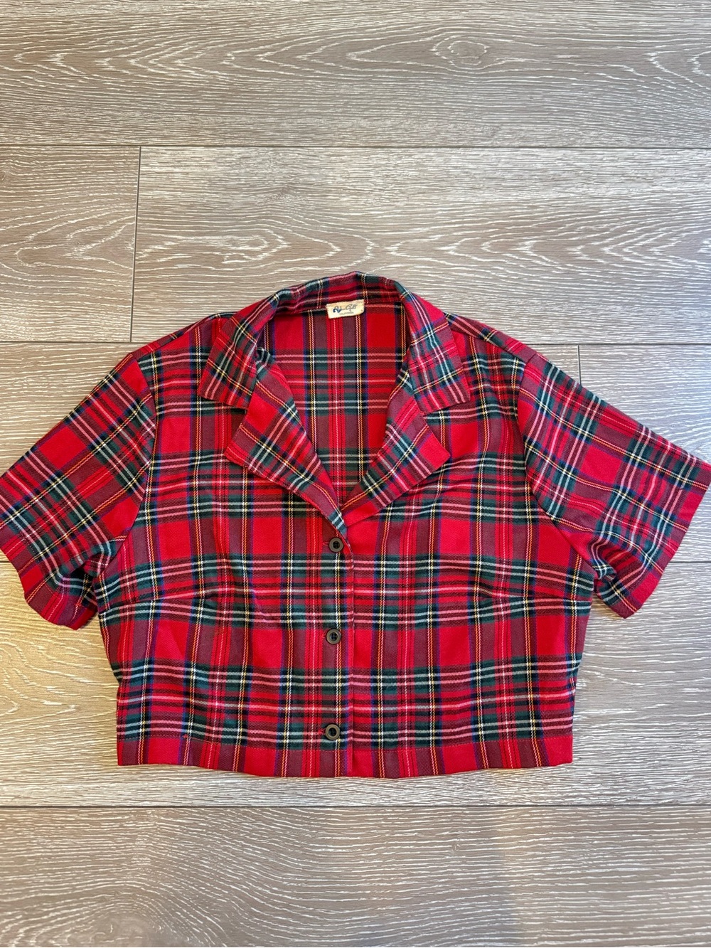 John Galt red plaid crop top with black and green lines one size